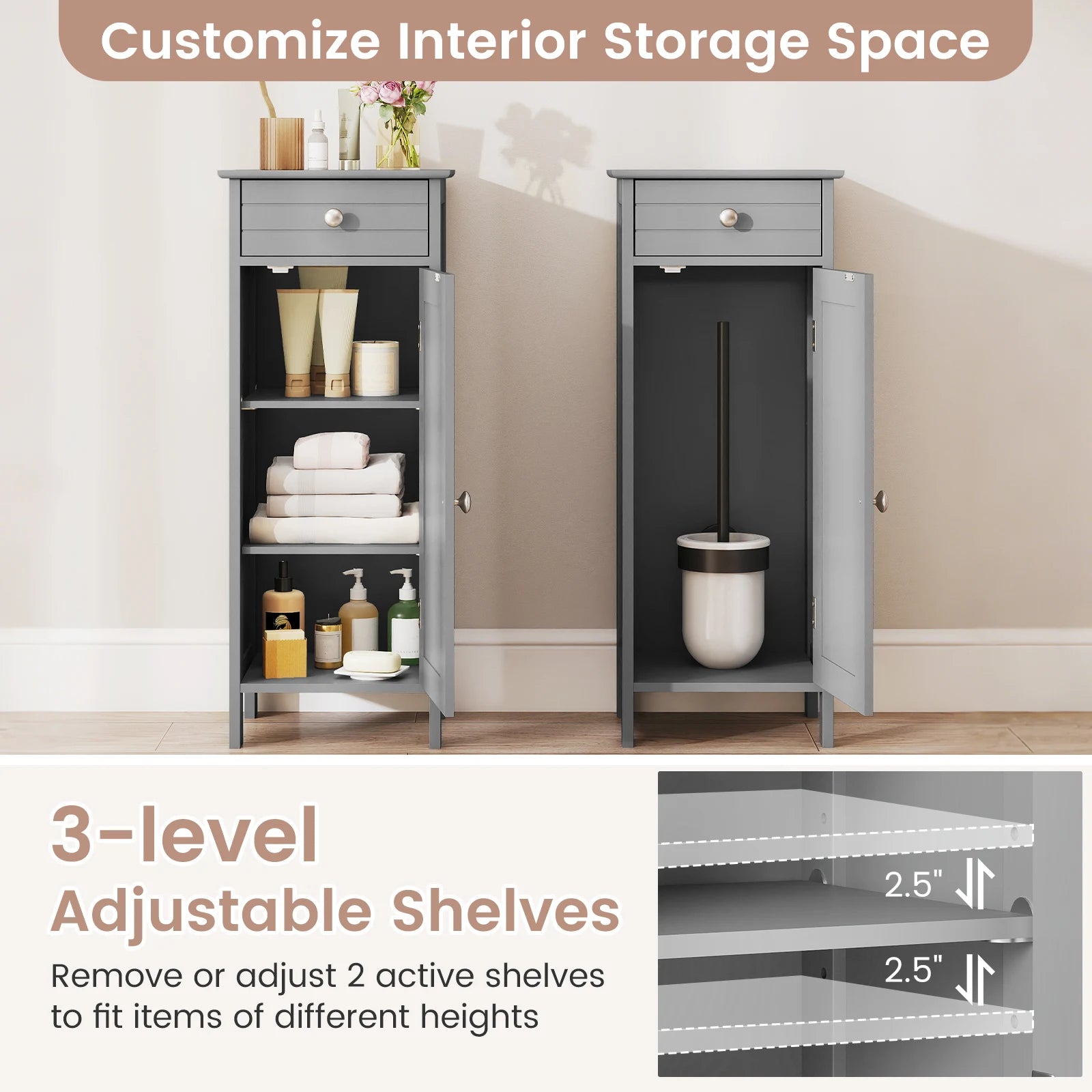 HavenHarbor Slim Bathroom Storage Cabinet with Drawer & Adjustable Shelves