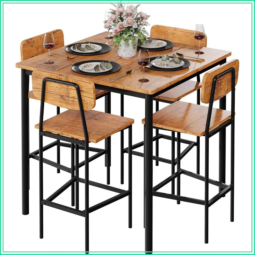 5 Piece Dining Table Set with 4 Chairs, Industrial Space Saving Kitchen Dinette for Apartment, Brown