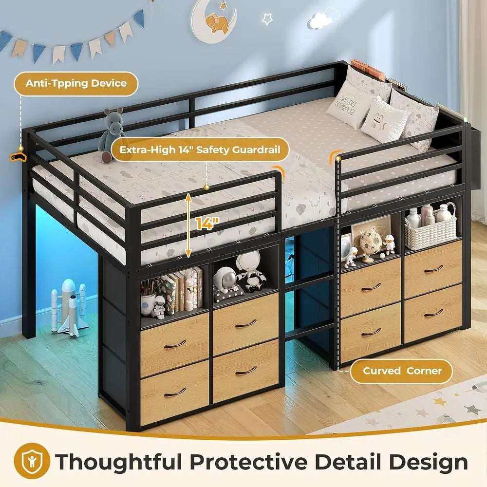ADORNEVE Low Lot Bed Twin Size with 8 Storage Ders or Kids, Natural | Storage Bookcases, LED Lights, 14" H Saety Guardrail, Spac