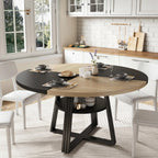Farmhouse Round Dining Table with Open Storage Shelf & Reinforced Metal Cross Base