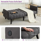 65“ Convertible Futon Sofa Bed w/ 2 USB, Upholstered Tufted Small Adjustable Folding Couch Loveseat, Modern Mid Century, Custom