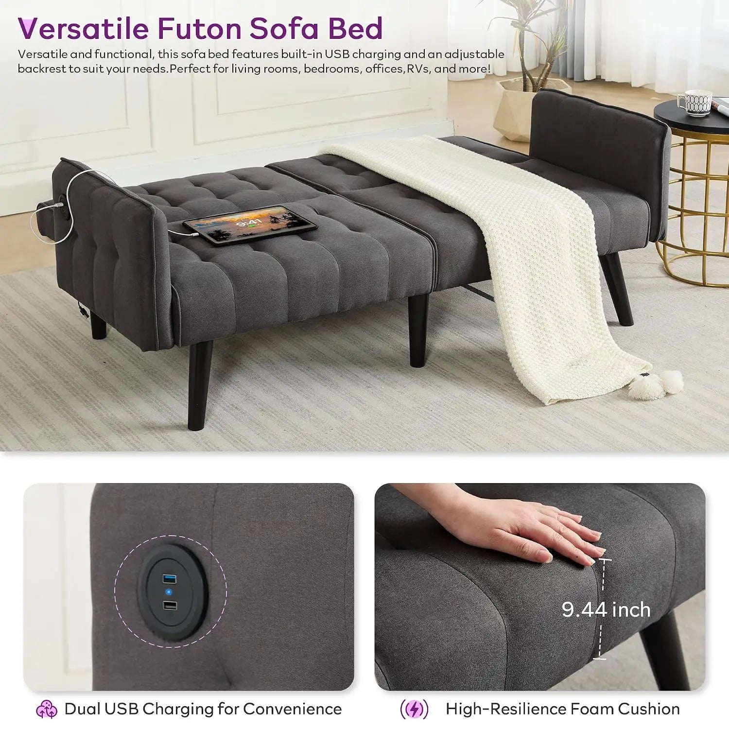 65“ Convertible Futon Sofa Bed w/ 2 USB, Upholstered Tufted Small Adjustable Folding Couch Loveseat, Modern Mid Century, Custom