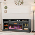 HOMCOM Fireplace TV Stand for TVs Up to 80 Inches, Modern Entertainment Center with 36" Glass Electric Fireplace & LED Lights, TV Console with Open Storage and Side Cabinets for Living Room, Black