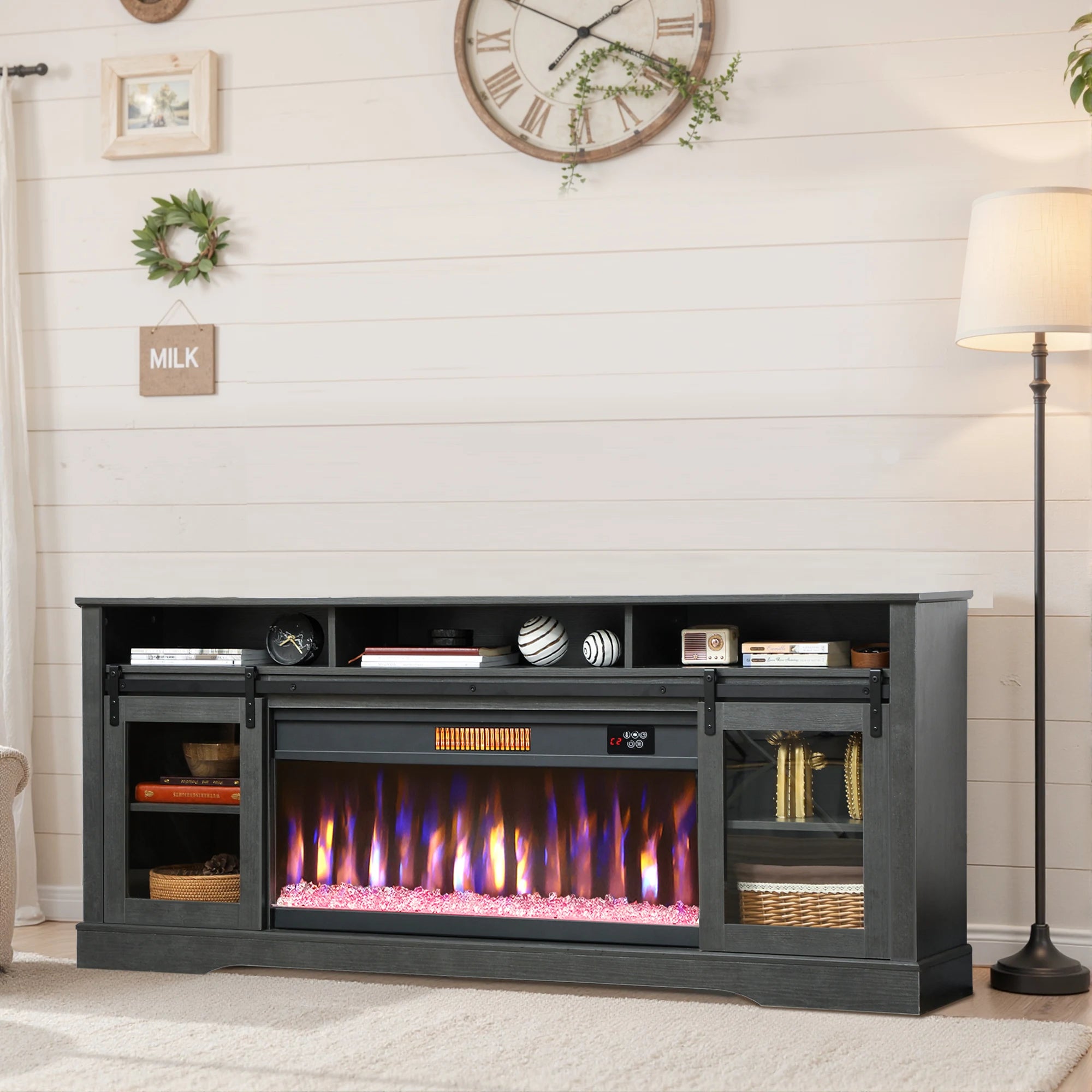 HOMCOM Fireplace TV Stand for TVs Up to 80 Inches, Modern Entertainment Center with 36" Glass Electric Fireplace & LED Lights, TV Console with Open Storage and Side Cabinets for Living Room, Black