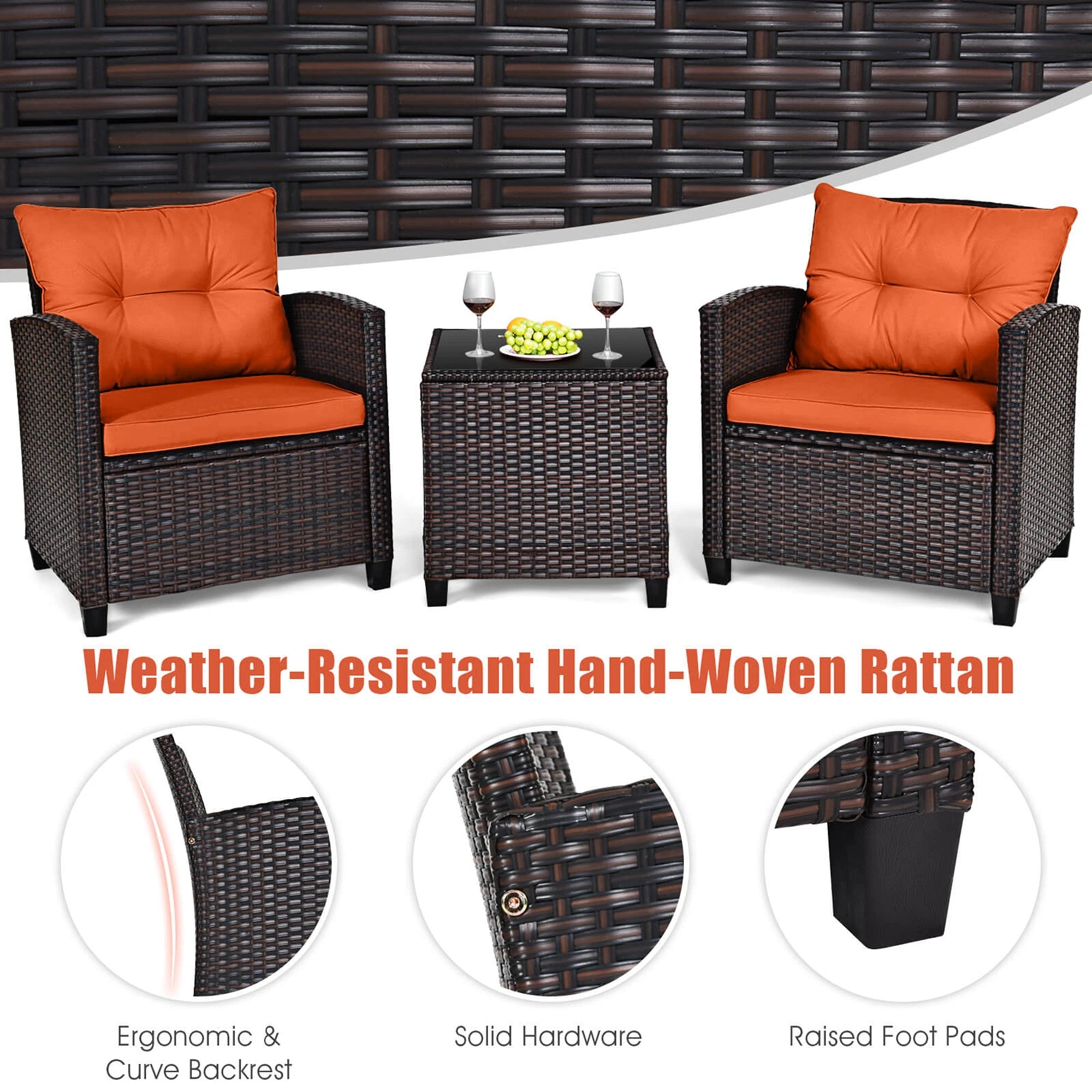 HavenHarbor 3-Piece Wicker Patio Conversation Set with Cushions & Glass Coffee Table
