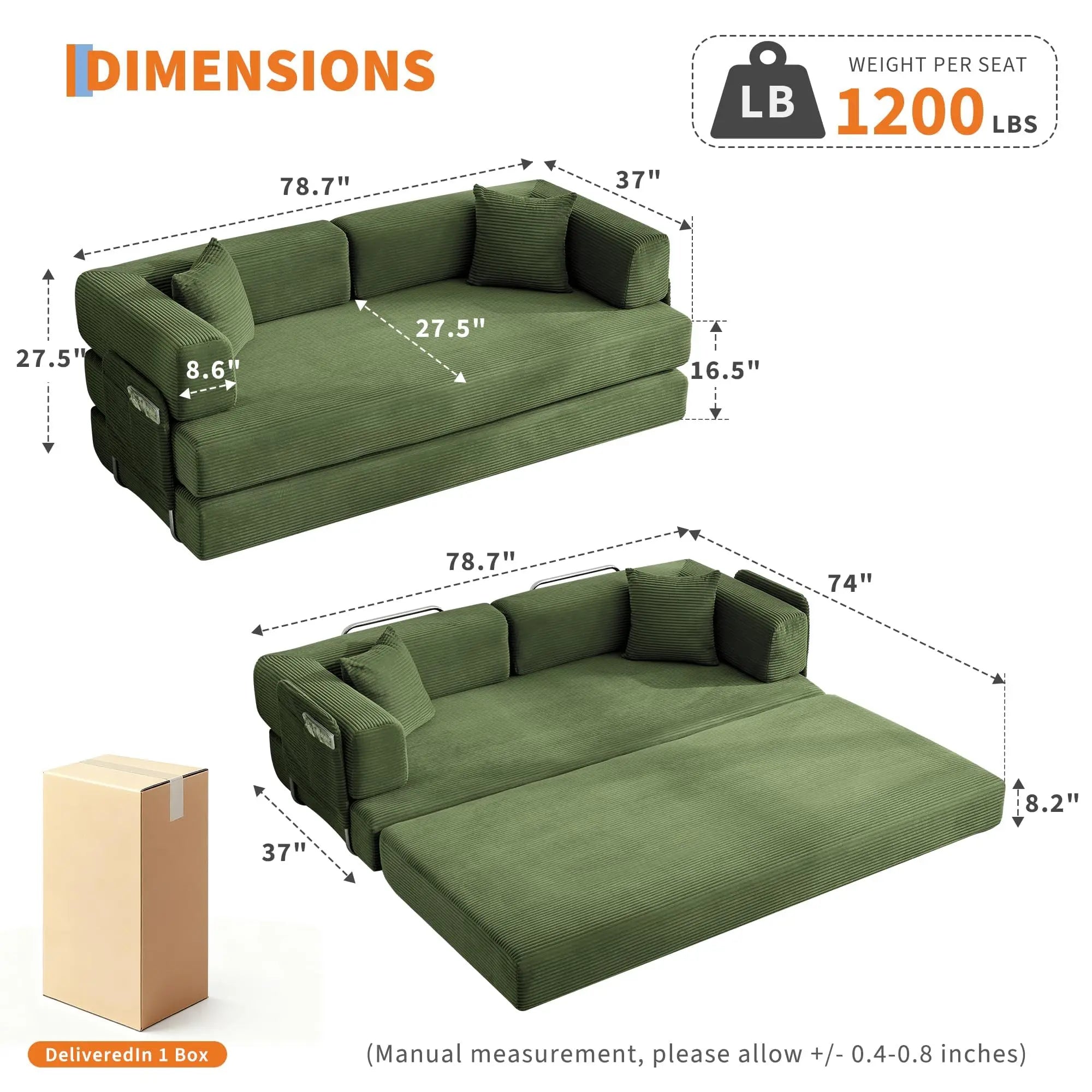 Sleeper Sofa Bed 78 8 Inch 5 In 1 Folding Mattress Couch Loveseat Fixed Shape Steel Frame Corduroy With Pillows No Assembly Floor Futon For Apartments Guest Rooms Dorms RVs