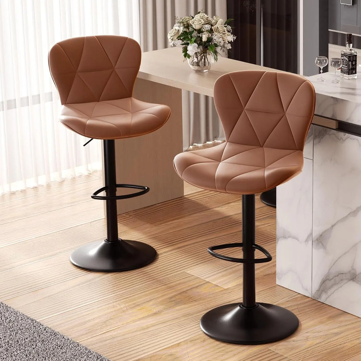 Set of 2 Modern Swivel Bar Stools, Adjustable Faux Leather Upholstered Counter Height Bar Chairs, Custom