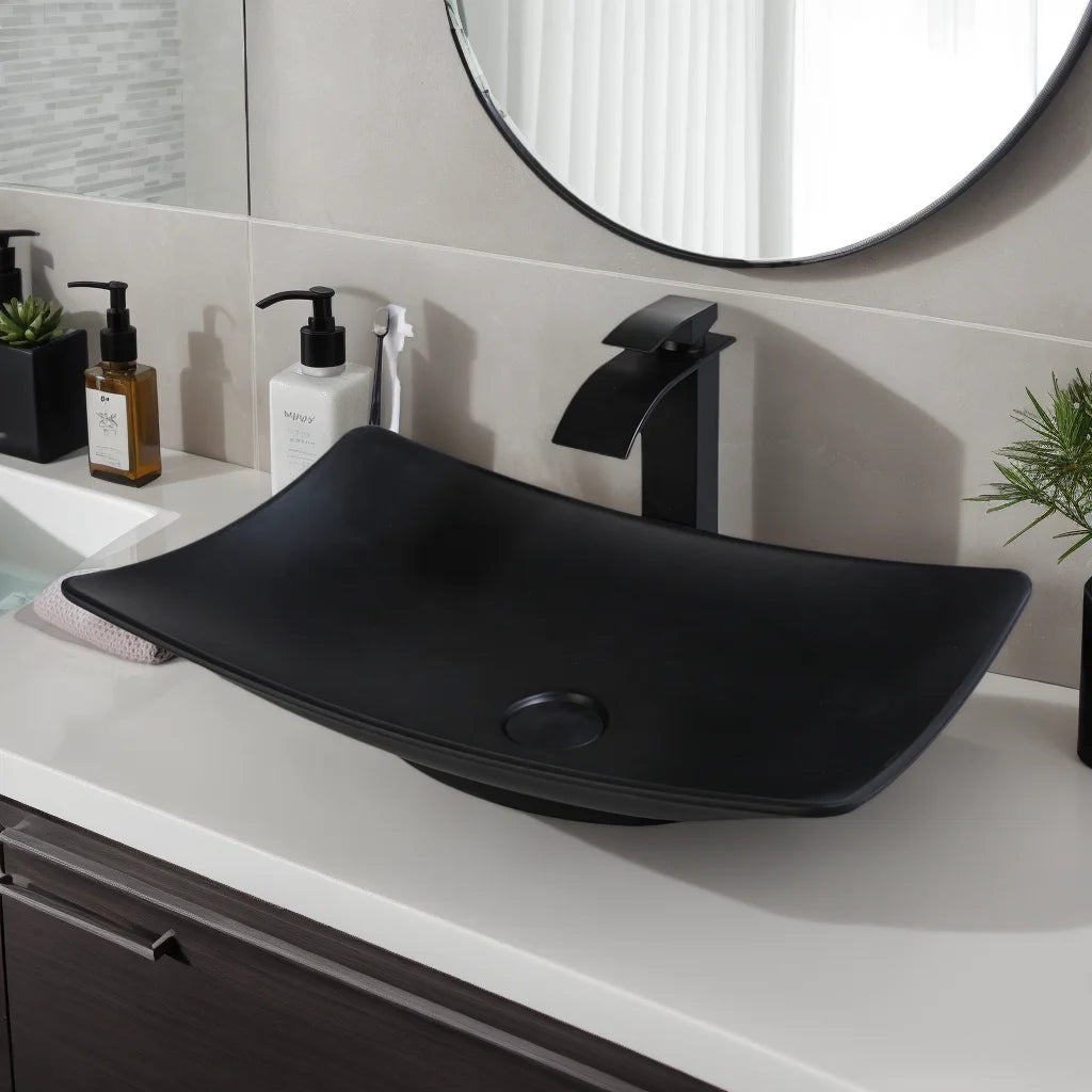 Obsidian Spa Stone Resin Vessel Sink with Waterfall Faucet Set