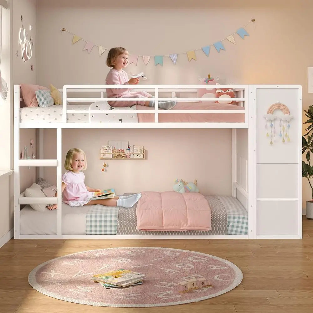 BTHST Bunk Bed Twin Over Twin with 6 Large abric Ders & 4 Wooden Storage Bookshel Organizer, Metal Low Bunk Bed or Kids with LED