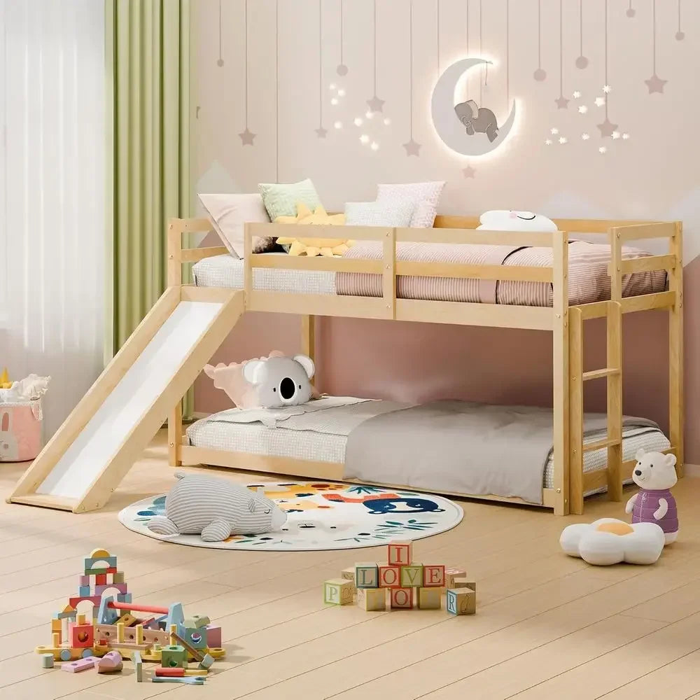 Twin Low Loft Bed with Slide, Ladder & Safety Rails