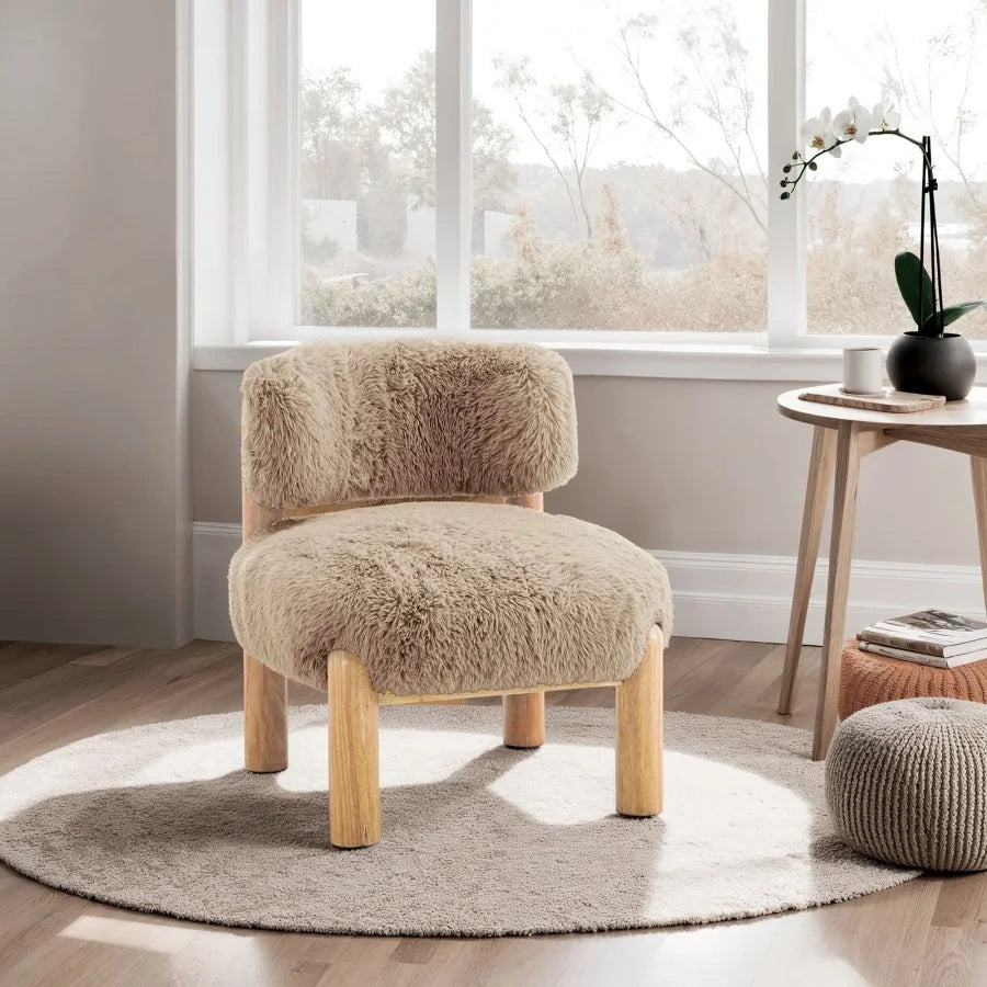 Mushroom Finish Accent Chair Fur Fabric Wooden Legs Curved Backrest Contemporary Primary Living Room For Living, Dining Rooms