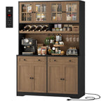 Green Kitchen Pantry & Coffee Bar Hutch with Charging Station, Glass Doors, Wine Storage & 2 Drawers