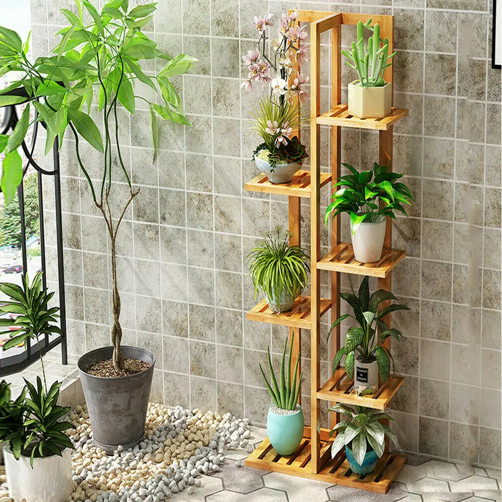 Vertical Bamboo Plant Stand – 5/6 Tier Indoor & Outdoor Display Shelf