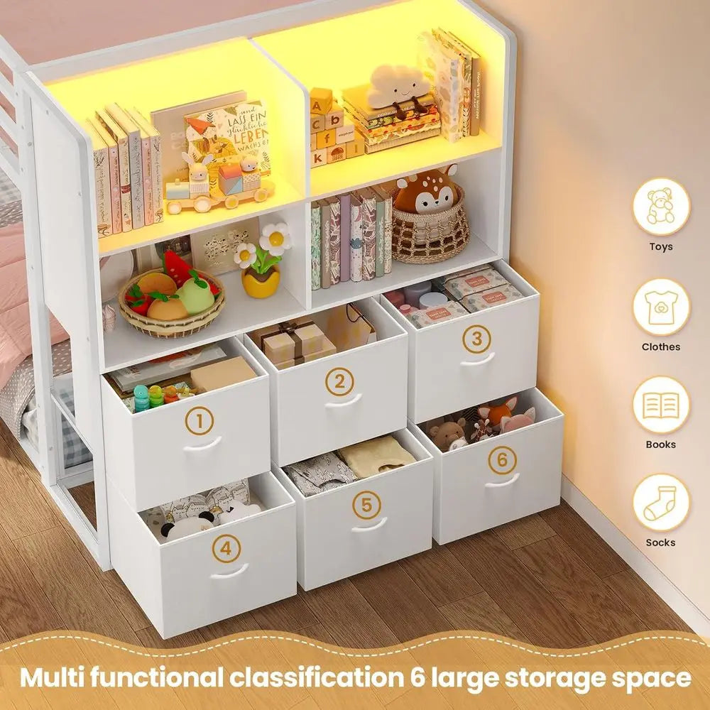BTHST Bunk Bed Twin Over Twin with 6 Large abric Ders & 4 Wooden Storage Bookshel Organizer, Metal Low Bunk Bed or Kids with LED
