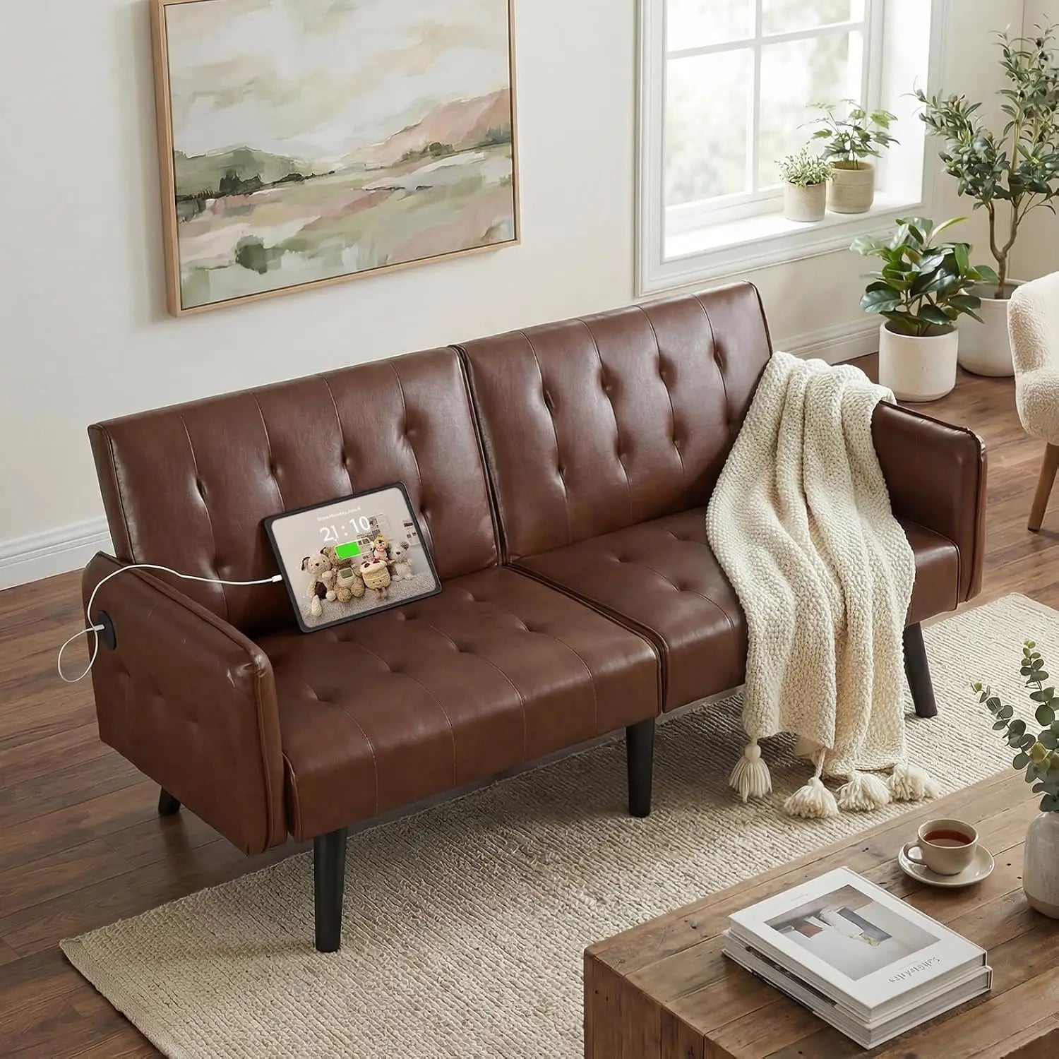 65“ Convertible Futon Sofa Bed w/ 2 USB, Upholstered Tufted Small Adjustable Folding Couch Loveseat, Modern Mid Century, Custom