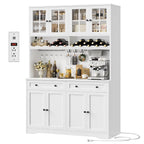 Green Kitchen Pantry & Coffee Bar Hutch with Charging Station, Glass Doors, Wine Storage & 2 Drawers