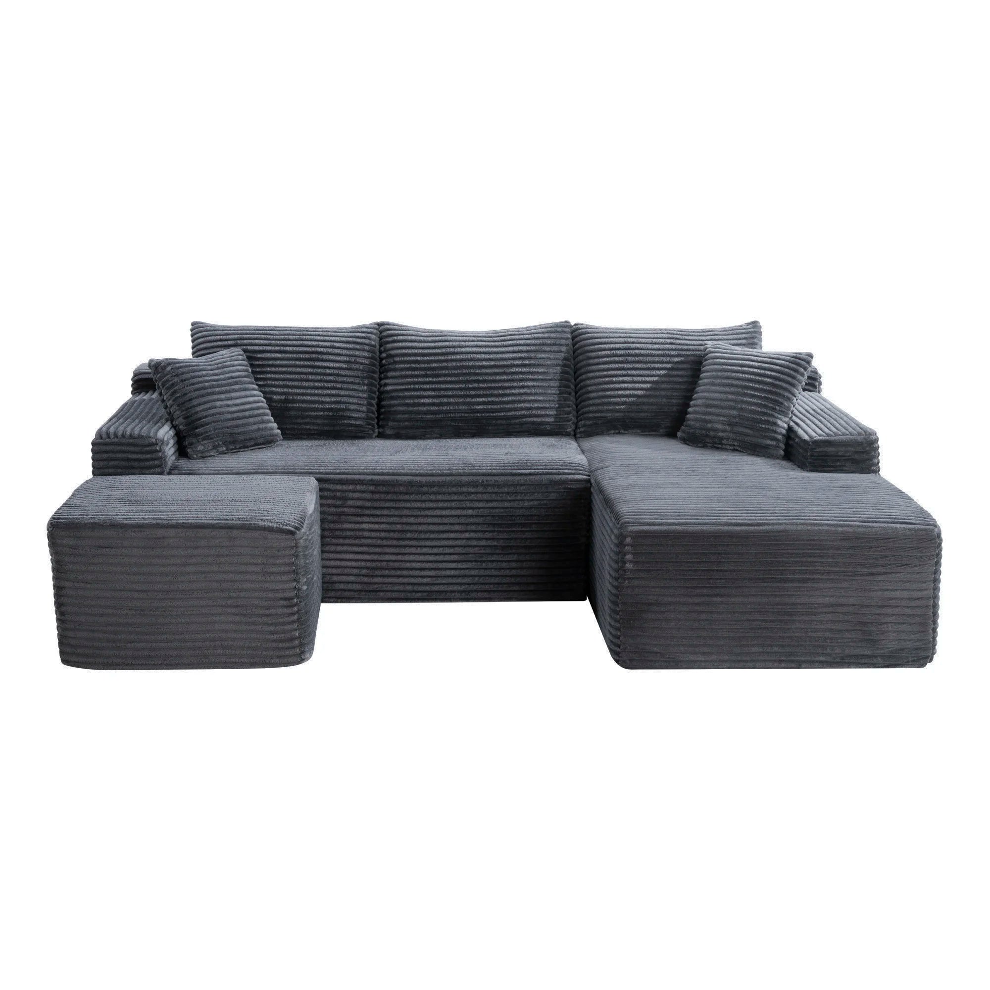 94.5" U-Shaped Sectional Sofa with Deep Seat, No Assembly Modular Cloud Couch in Corduroy Fabric with Ottoman, Space-Saving Sleeper for Living Room Bedroom Apartment, Black