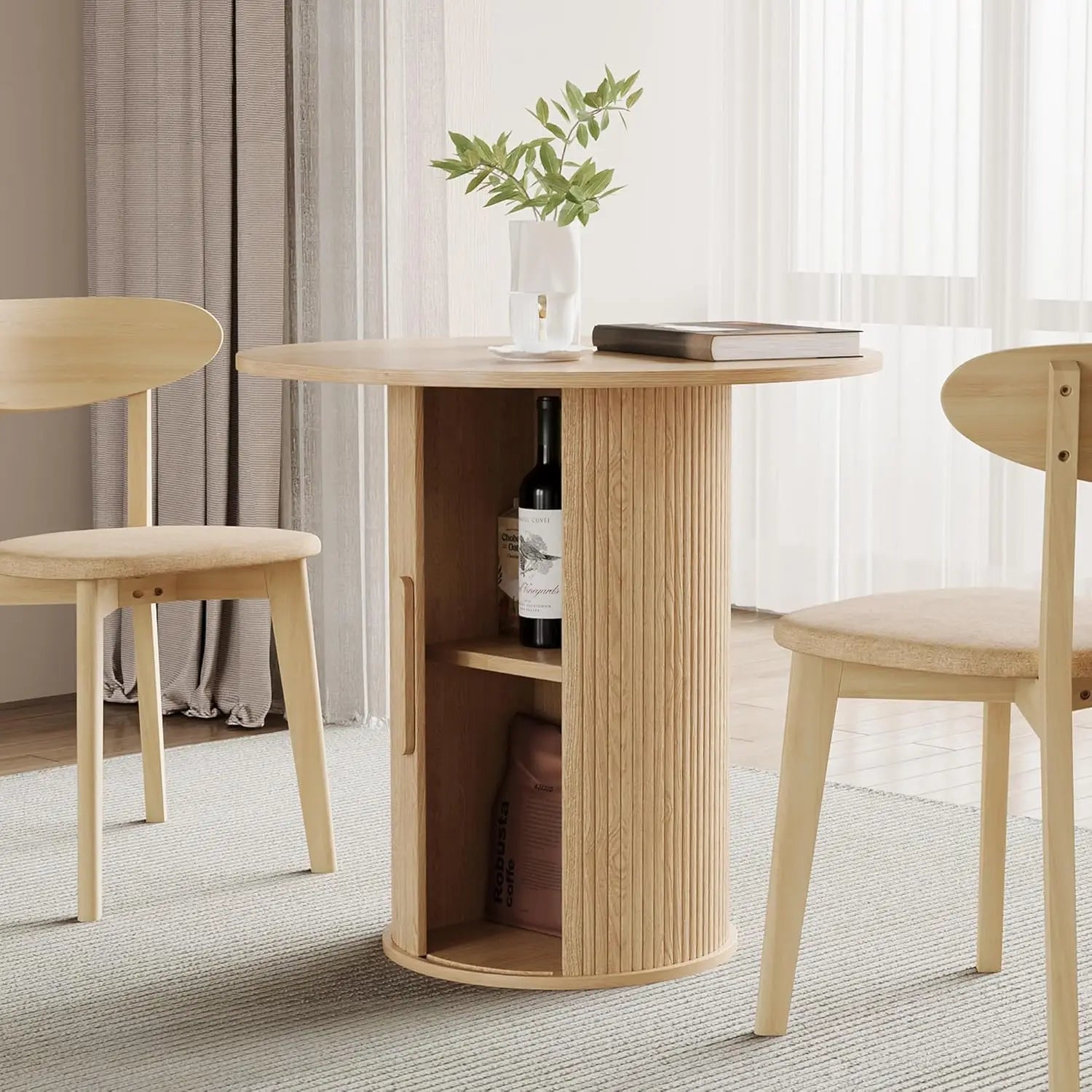 31.5" Round Dining Table for 2-4, Modern Farmhouse Kitchen Table with 2-Tier Storage Shelf, Small Wooden Circle Dining, Custom