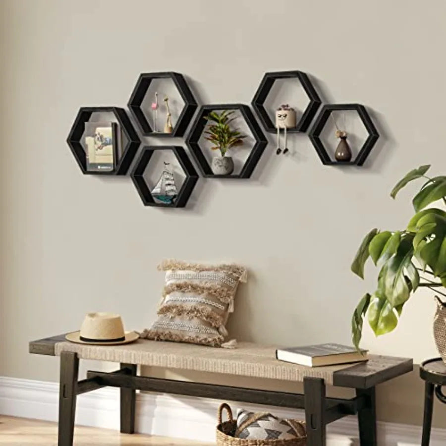Heritage Hexagon Floating Wall Shelves – Set of 6 Honeycomb Shelves
