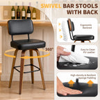 Counter Height Bar Stools Set Of 3, 26in Swivel Bar Stools With Back, Faux Leather Kitchen Island Stools, Bentwood Legs