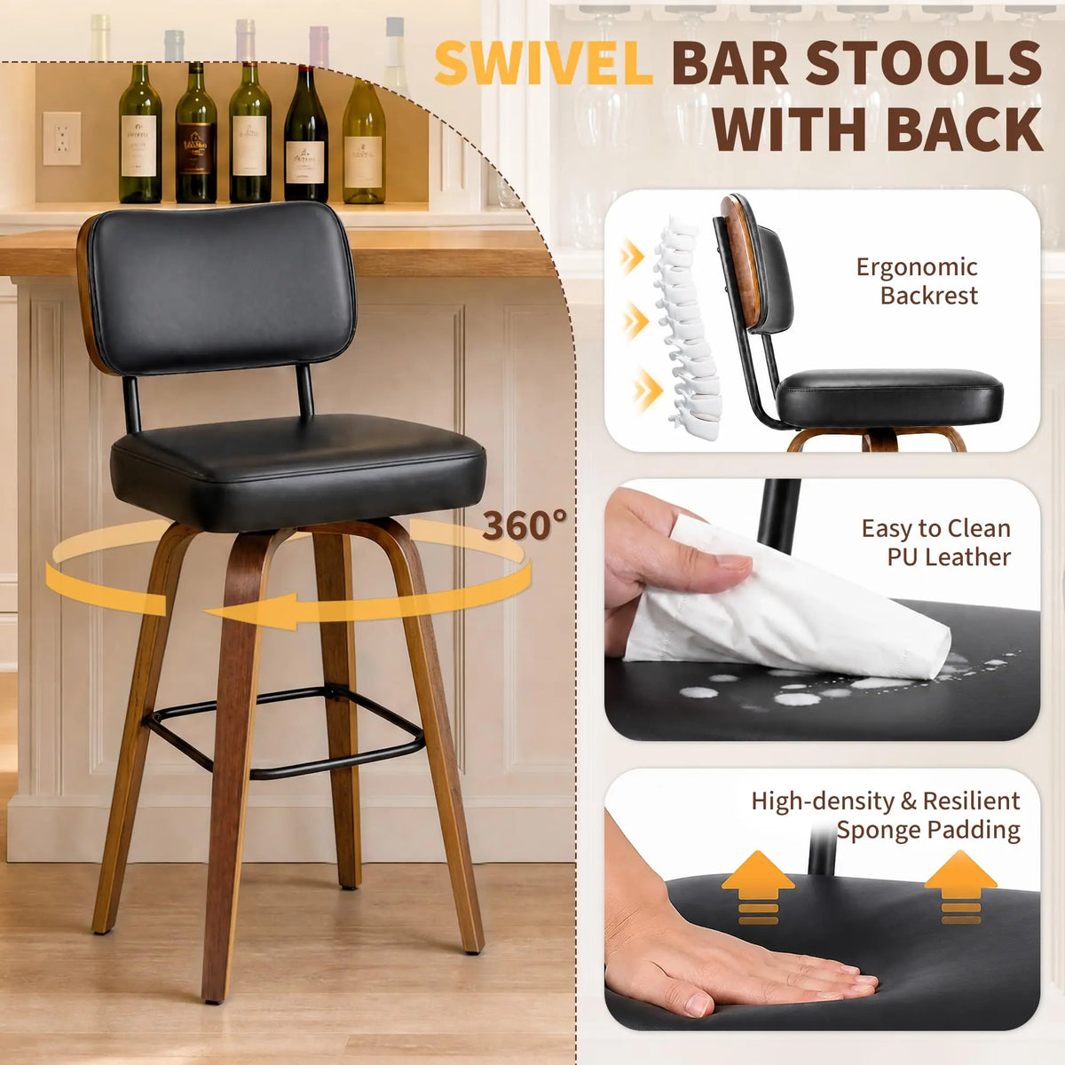Counter Height Bar Stools Set Of 3, 26in Swivel Bar Stools With Back, Faux Leather Kitchen Island Stools, Bentwood Legs