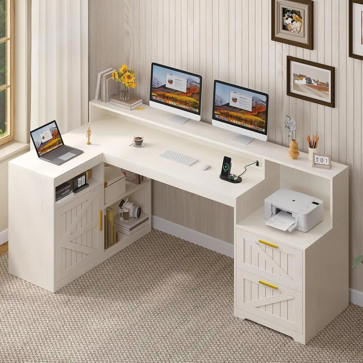 Heritage Farmhouse 62" L-Shaped Executive Desk with Storage & Power Station