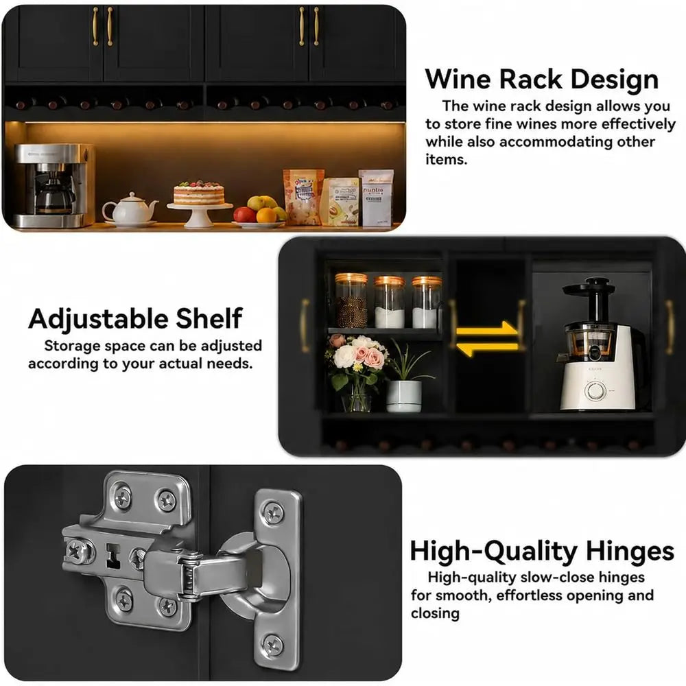 Black Kitchen Pantry Hutch with LED Lighting, Charging Station, Wine Rack & Adjustable Storage