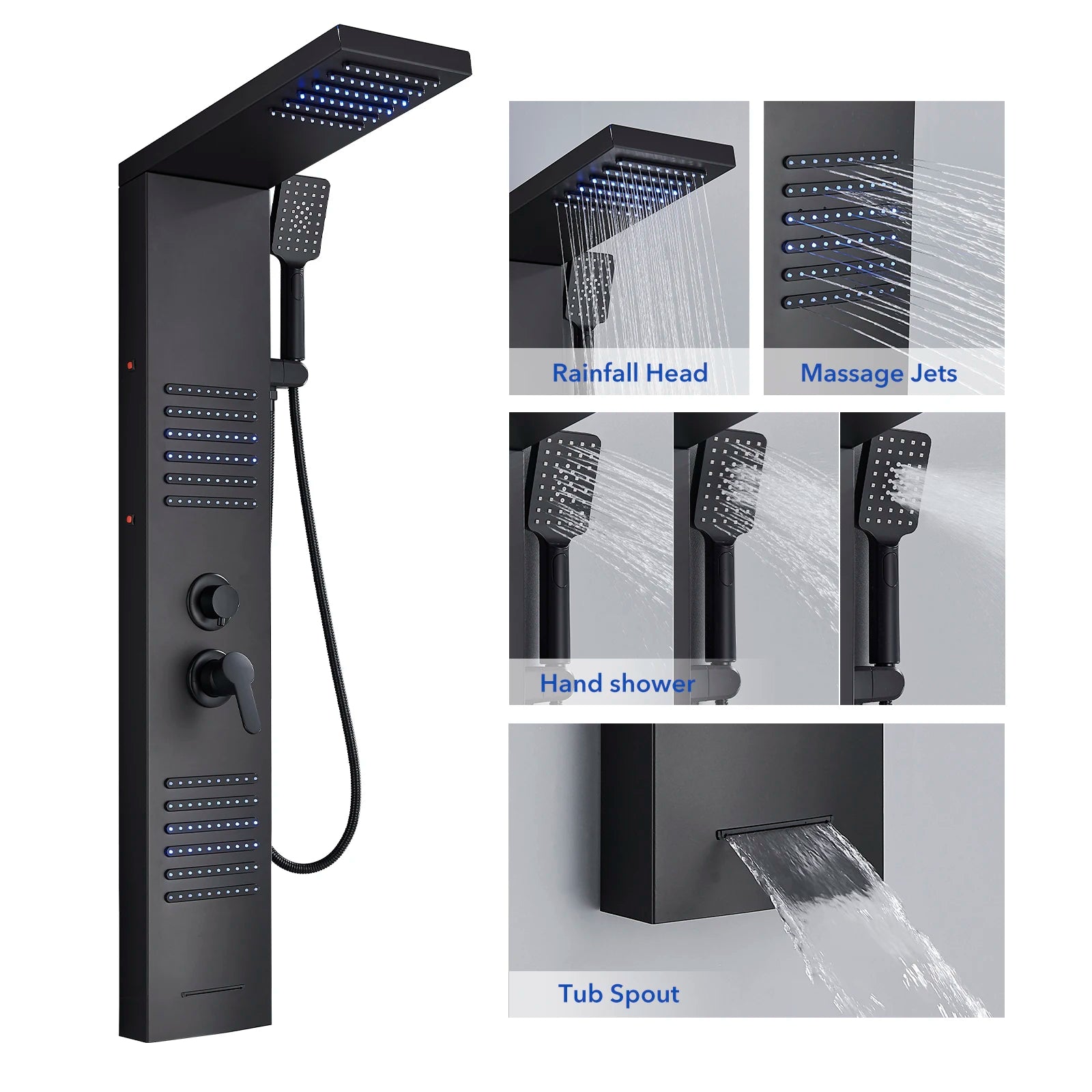 Cascade Elite LED Shower Panel Tower System with Rainfall, Waterfall & SPA Massage Jets