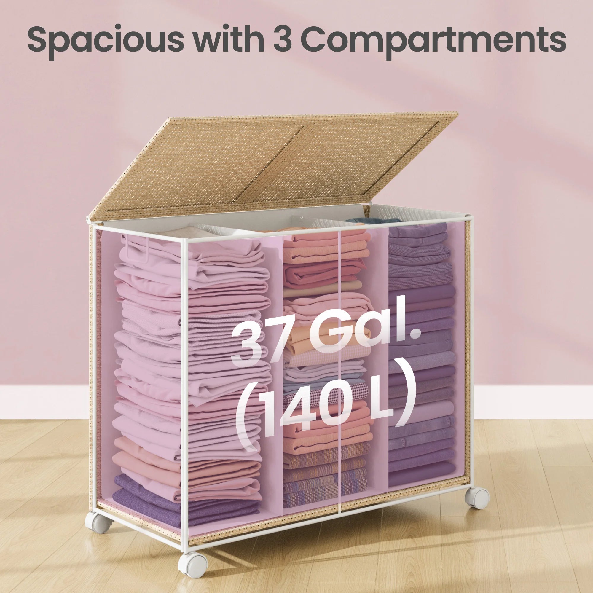 Laundry Hamper with 3 Sections, Large 36.98 gal Rolling Laundry Basket with Wheels, Rattan Clothes Basket with Lid And Removable Liner with Handles, Laundry Baskets