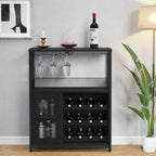 3-Tier Wine Bar Cabinet with LED Lights, Wine Rack, Glass Holder & Mesh Door Storage
