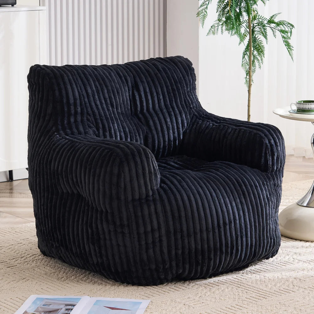 Soft and fluffy corduroy memory foam beanbag chair; comfortable velvet single-seater sofa for adults—ideal for home relaxation and gaming.