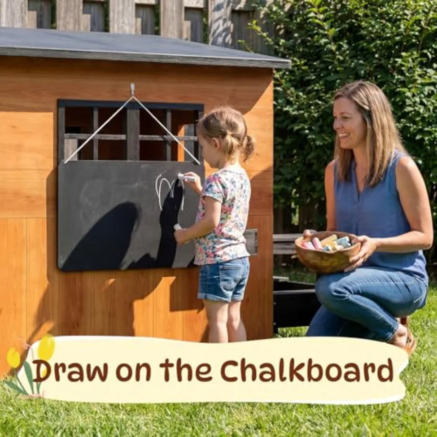 Modern Wooden Outdoor Playhouse with Play Kitchen & Activity Table