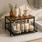 Rustic Pull-Out Countertop Organizer with Sliding Basket