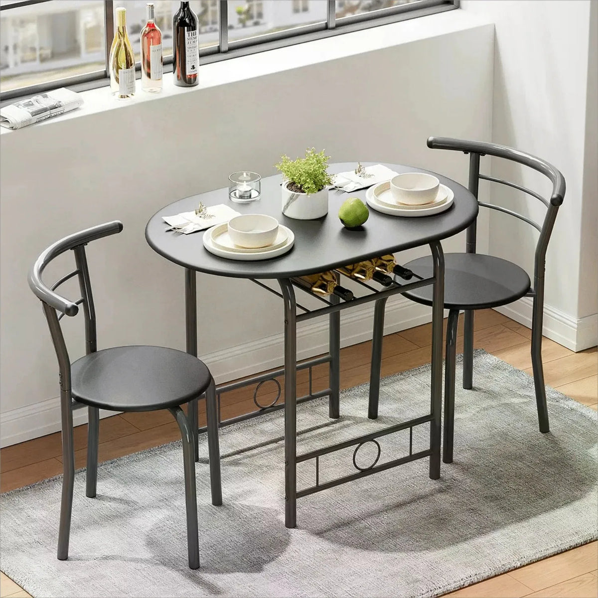 Round Dining Table & Chair Set with Wine Storage