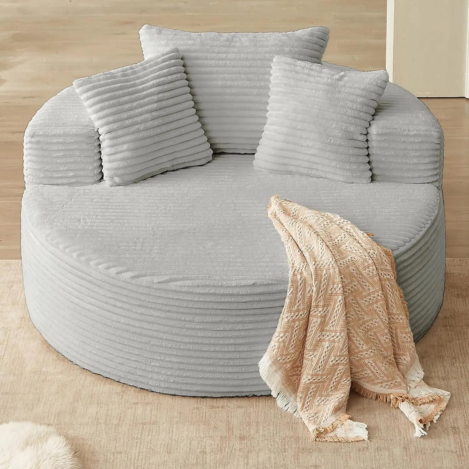 CloudNest Round Corduroy Chaise Lounge with Ottoman
