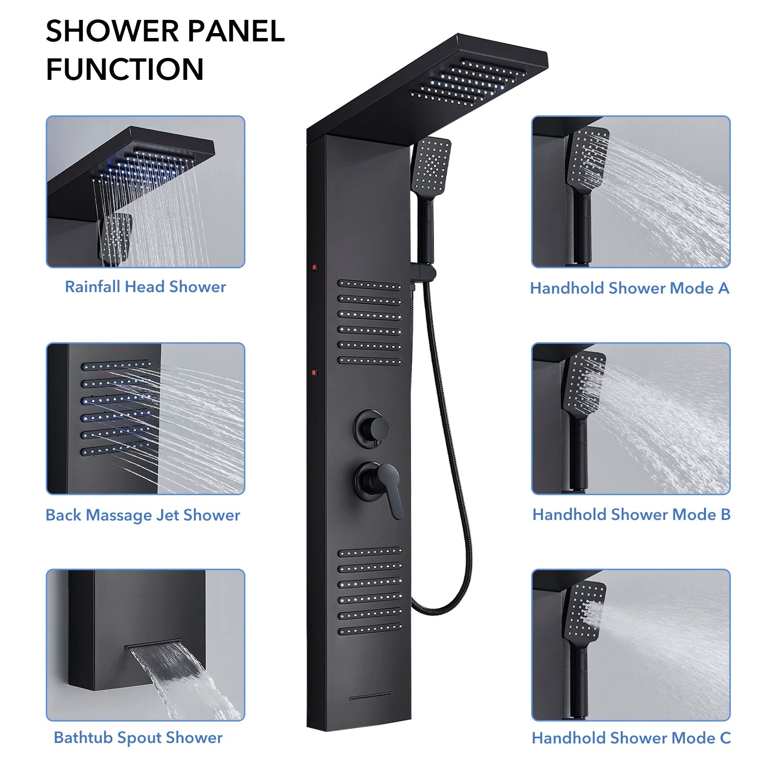 Cascade Elite LED Shower Panel Tower System with Rainfall, Waterfall & SPA Massage Jets