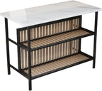 Kitchen Island Bar Table & 2 Stools Set, White Faux Marble, Storage Shelf, Space Saving, Home Bar Furniture