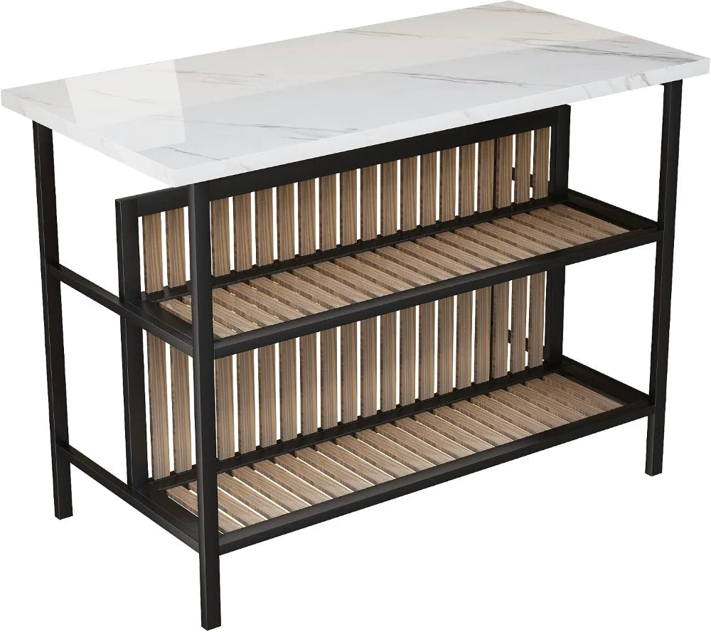 Kitchen Island Bar Table & 2 Stools Set, White Faux Marble, Storage Shelf, Space Saving, Home Bar Furniture
