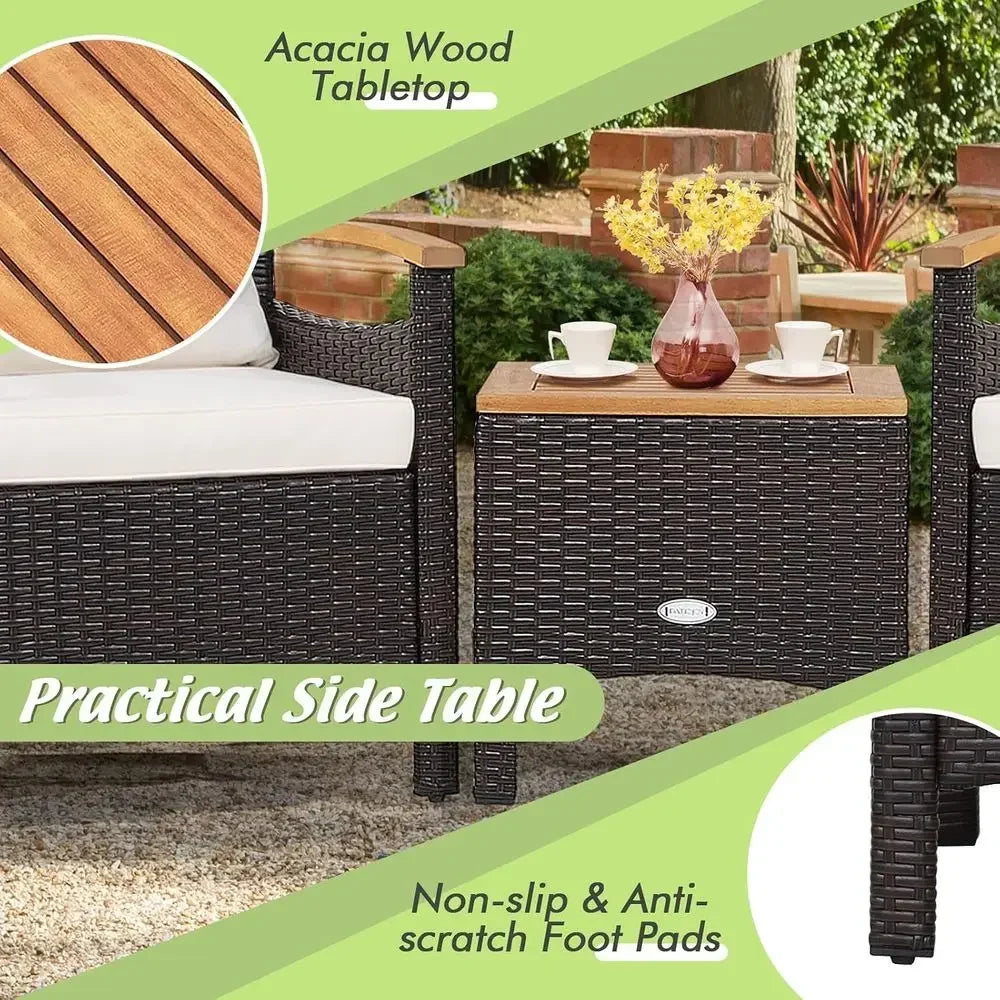 3-Piece Patio urniture Set, PatioOutdoor Rattan Soa Set with Coee Table, Patio Contion Set with Removable Cushion, Cozy Acacia W