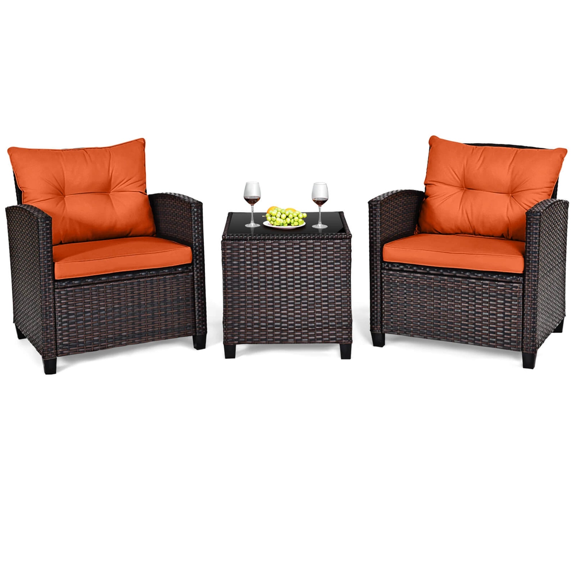 HavenHarbor 3-Piece Wicker Patio Conversation Set with Cushions & Glass Coffee Table