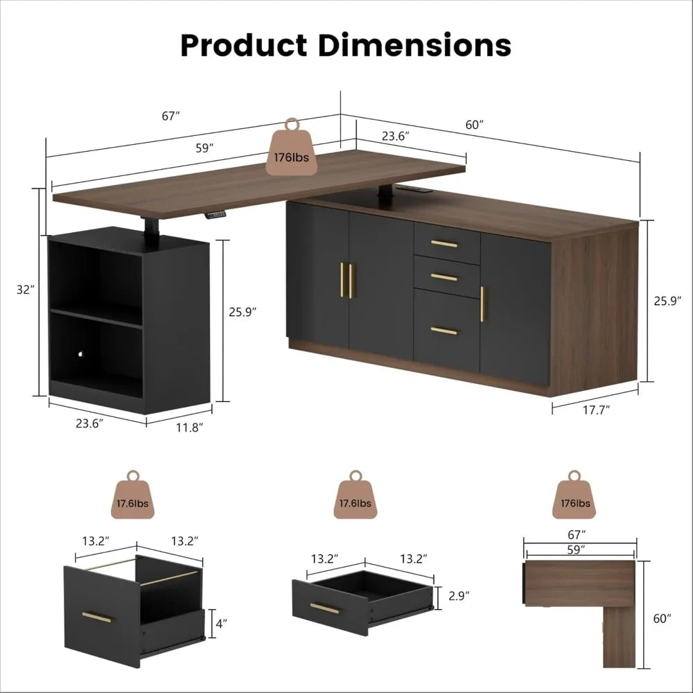 Ashton Executive 67" L-Shaped Electric Standing Desk with Drawers