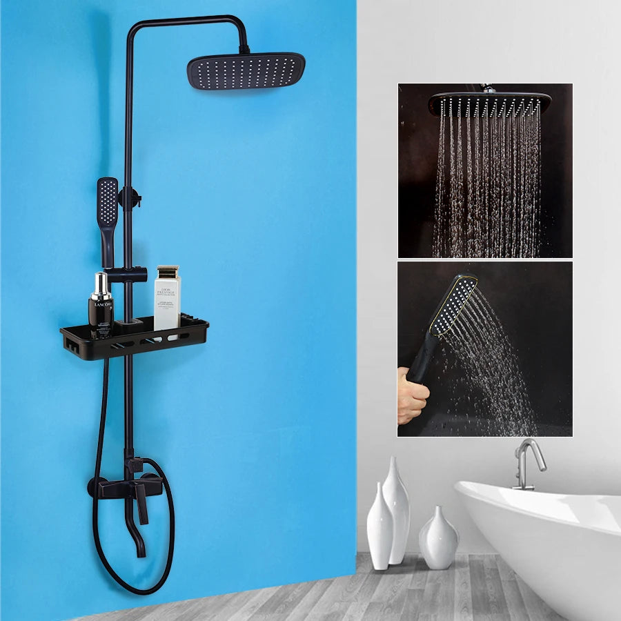 Matte Black Rainfall Shower System with Storage Shelf & Handheld Shower