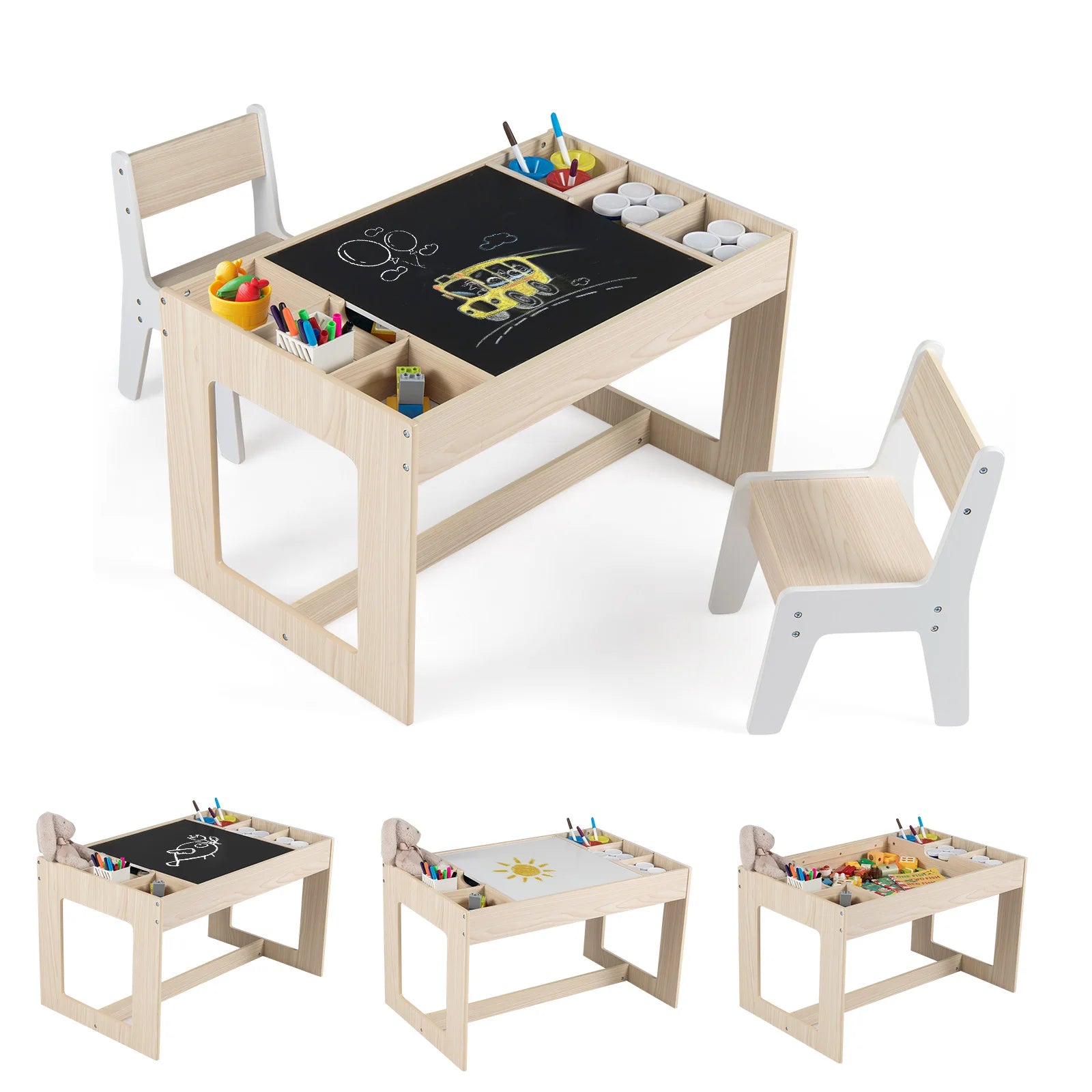 Multifunctional Kids Table & 2 Chairs Set w/ Removable Double-sized Tabletop