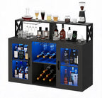 Rustic Wood Wine Bar Cabinet with RGB LED Lights, Power Outlets, Wine Rack & Glass Holder