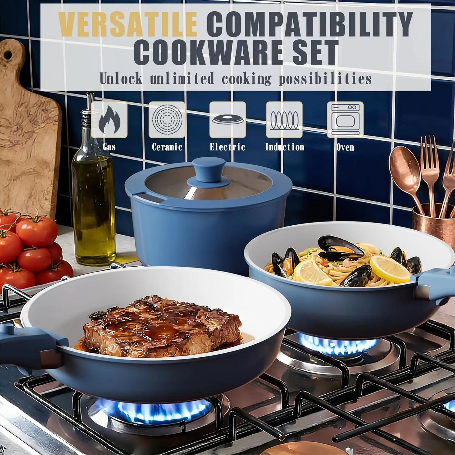 Coastal Blue Ceramic Cookware Collection – 21 Piece Set