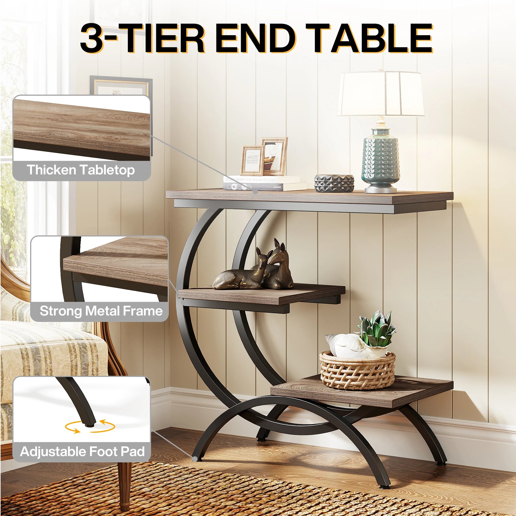 Ironwood C-Shaped 3-Tier Industrial Side Table
