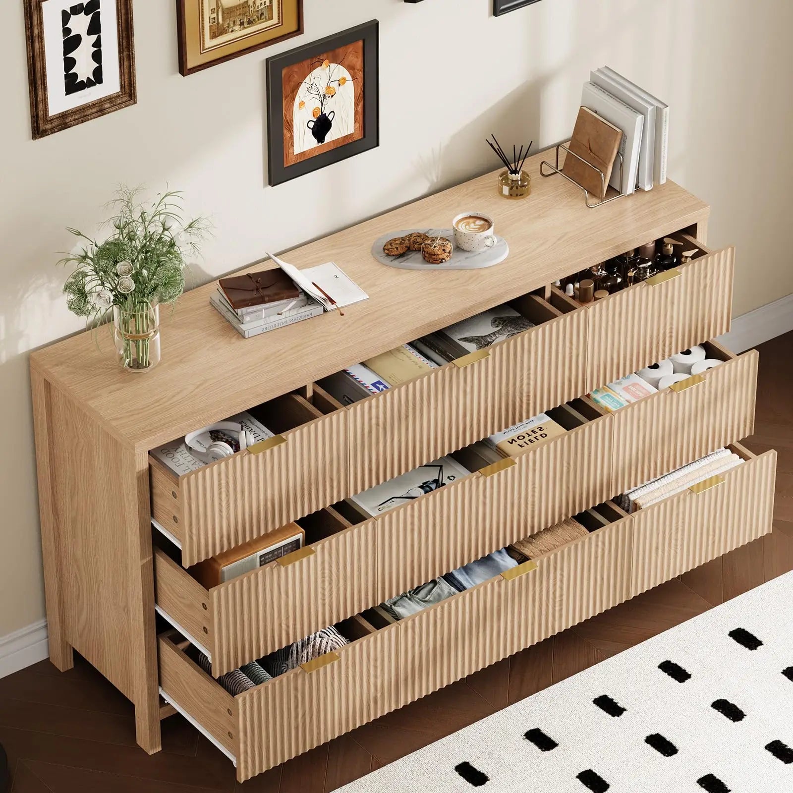 Willow Ridge Mid-Century Fluted Farmhouse Dresser – 9 Drawer Storage Organizer