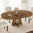 47-63 Inch Extendable Round Dining Table For 4-8, Farmhouse Oval Kitchen Table With Leaf Storage Caddy and Wood Cross Pedestal Base