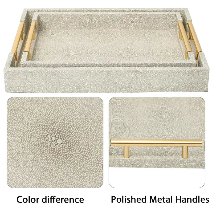 Ivory Luxe Shagreen Decorative Serving Tray Set with Gold Handles – 2 Piece