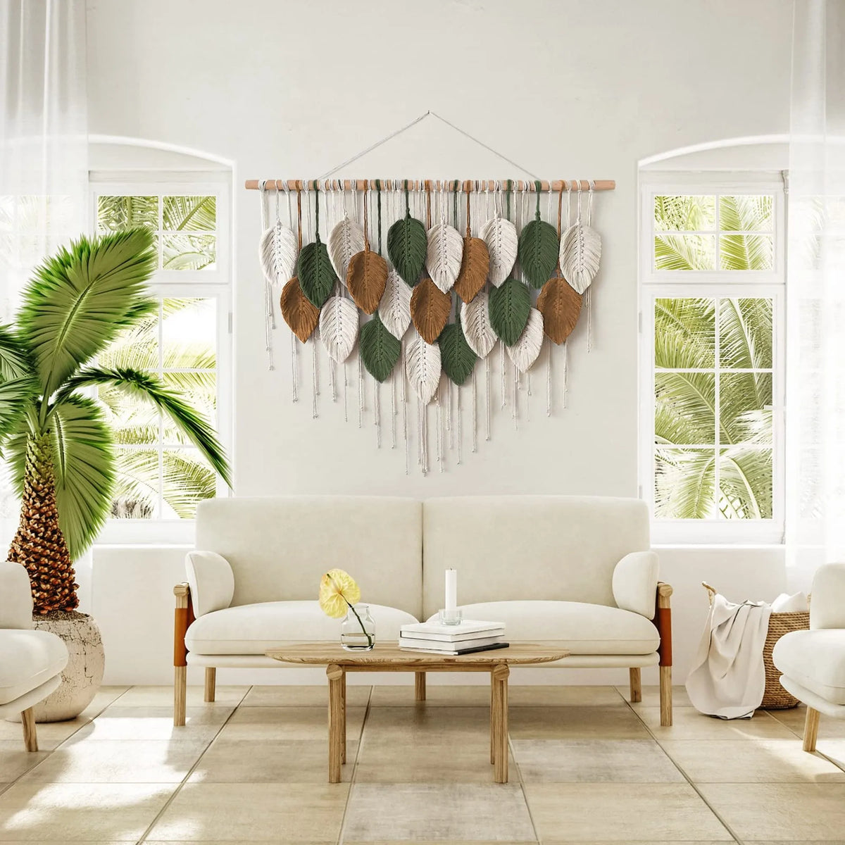 39"W×29.5"L Boho Handwoven Leaf Feather Wall Hanging Tapestry, Bohemian Wall Decor for Bedroom Nursery Dorm Living Space